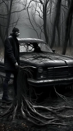 black vein, human veins, mixing together a lot of them, like a forest, big and small veins a lot of them, a crow standing on an old car