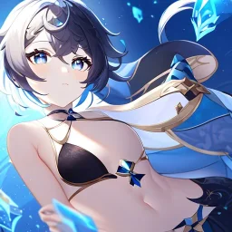 Genshin woman, Clear Focus High resolution, Calm Background, Light skinned woman, Black long beatiful hair, Dark blue sparkling eyes, Very Beatiful Face, Splash art, Cute Scene, Wearing a bikini