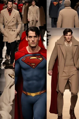 Men's DC Fashion runway Winter outfits inspired by Superman's Emblem design beige tones, clothing takes the form of Superman's emblem