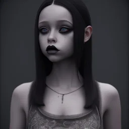 Jenna ortega black dress,soft goth libstick, wednesday addams family make up, brad double wig, dramatic lighting, highly detailed, volumetric lighting, unreal engine, 8k