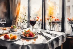 A table in a nice restaurant next to the window, meal, wine and flower on it, melting watercolor and black ink outlines on wet paper, soft, shading strokes, in sunshine, ethereal, otherwordly, cinematic postprocessing, bokeh, dof