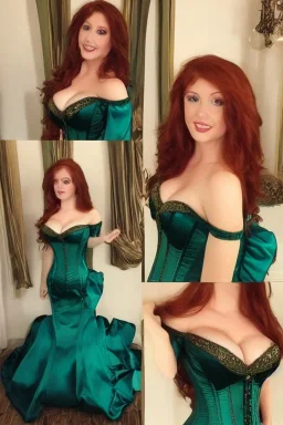 Busty princess with long auburn hair green eyes wearing a big dark teal green and gold satin ballgown corset off shoulder top at night