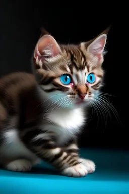 A chocolate brown marbled tabby she-cat kitten, with white paw and cyan eyes, side view.