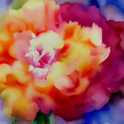 watercolor of a peony, warm colors, water color streaks and splashes, in the style of turner, white space