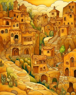 A tan town made out of stones designed in cave paintings painted by Paul Ranson