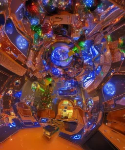 Inside futuristic space ship with Christmas decorations