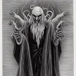 Cthulhu with white skin and a beard made of fleshy tentacles as a Russian Orthodox nosferatu vampire with yellow eyes and vampire fangs