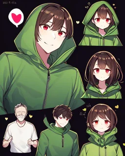 He is 15 years old, feminine in appearance but is a boy, has short dark brown hair, wears a green blouse with a zipper and hood and a white shirt underneath, has red eyes, Determined smile, dark background reminiscent of a nightmare, has a red soul that is shaped like a heart