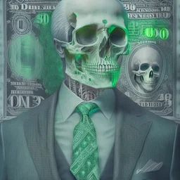 a head and shoulders portrait of a skeleton dressed in a three-piece suit as the president of the united states, based on us currency, united states one dollar bill, shades of green, real-life, colors match the united states one dollar bill, realistic, robotic,