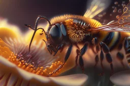 close-up macro photography of a beautiful honey bee on nice flower,honey comb, centered, ultra realistic, artstation, unreal engine 5, octane render , close up portrait photo by Annie Leibovitz, film, studio lighting, detailed skin