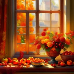 Behold the exquisite masterpiece that captures the essence of an enchanting autumn morning. This captivating image showcases a delightful arrangement of vibrant orange flowers and luscious fruits, gracefully adorning a sun-kissed window sill. Each brushstroke meticulously brings to life the delicate petals and succulent fruits, evoking a sense of opulence and natural beauty. The harmonious blend of colors and textures creates a visual symphony that will effortlessly elevate any space, infusing