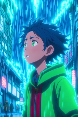 Tanjiro in the rain in the city looking up