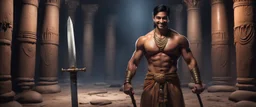 Hyper Realistic shirtless muscular handsome short black hair Indian King smiling & holding sword in a huge dark catacombs with traditional pillars at night