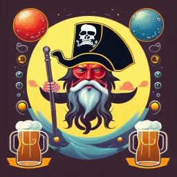 Die digitale Illustration zeigt einen Piraten mit kurzen, schwarzen, lockigen Haaren und einem runden Gesicht. Er trägt Piratenkleidung und hält einen Becher Bier in der Hand. Der Hintergrund der Illustration ist das Meer, auf dem ein Piratenschiff segelt. Verschiedene Zitrusfrüchte liegen verstreut herum und die Farben sind gedämpft. Die Illustration zeichnet sich durch detaillierte Fantasy-Kunsttechniken und eine auffällige Komposition aus. Der Pirat hat einen dynamischen Posing-Stil und 