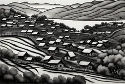 village on the hill with charcoal