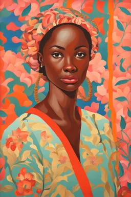 A portrait painting of a woman with vivid wallpaper by artist "Lois Mailou Jones"