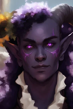 Purple-skinned male Tiefling in noble attire with glowing purple eye