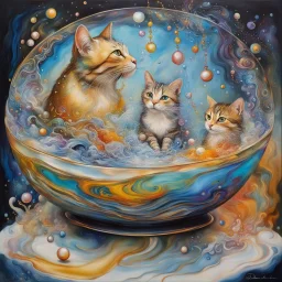 joy cats and harmony bird dreamscape in a tranculent glass bowl placed in a fontaine with smooth swirling water, many bright colorful details, golden lines, Sprinkle alcohol ink effects, Salvador Dali collaboration, flowing composition, pearls en beads, swirling effect