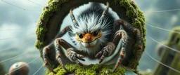 the high speed magical face of a fluffy dragon spider yoga with charm in web from mossy tower, master oil painting by Rembrandt and Escher, moss covered space station, brightened edges to give a sense of depth, motion blur