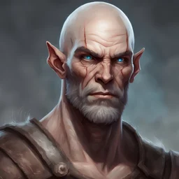 Portrait of Goliath from dnd aged 32. They have pale skin with scars across their face and arms. No hair and glowing blue eyes.