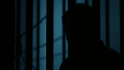 close up parallel prison window bars in foreground, dark prison cell behind them, hidden dark human face partially visible through the window bars, pale light, shadows in background, ultra realistic, dark atmosphere, high contrast shadows, dark vibe