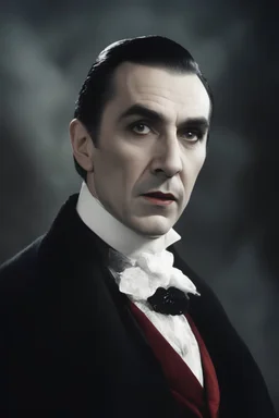 Bela Lugosi as Count Dracula - full color - 32k, UHD, 1080p, 8 x 10, glossy professional quality digital photograph - dark foggy gradated background, historic, powerful, octane rendering, exquisite detail, 30 - megapixel, 4k, 85 - mm - lens, sharp - focus, intricately - detailed, long exposure time, f8, ISO 100, shutter - speed 1125, diffuse - back - lighting, ((skin details, high detailed skin texture)),