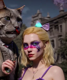 Ultra realistic afternoon photo, happy smoker couple, blonde Alice woman and purple cat smoking a pipe, circus blue dress style, black headband with bow, old school body tattoo, smoke, marihuana garden, glow eyes, perfect iris, soft color, highly detailed, unreal engine 5, ray tracing, RTX, lumen lighting, ultra detail, volumetric lighting, high definition.