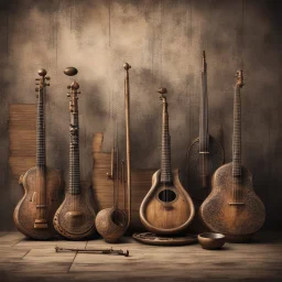 Hyper Realistic eastern classical musical instruments with grungy rustic musical background