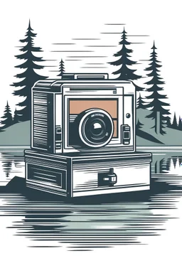 A classic Polaroid camera rests open on a wooden dock, overlooking a misty lake at dawn. Lush pine trees line the shore, with a lone loon calling out in the distance. Style: Vintage, Mood: Tranquil, Lighting: Soft, cool morning light, T-shirt design graphic, vector, contour, white background.