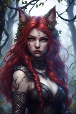 CAT GIRL, FANTASY, FORESTY, VINES, SOULLESS, FLUFFY TAIL, VIKING RED HAIR, METAL