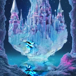 cristal angelic castle crystalline, blue,pink , cosmic, opalescent, gemstones, crystals, other worldly,water, rock, moss,bright, ice background, snow lake blue