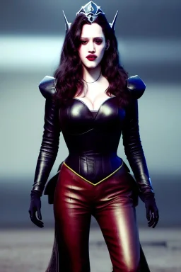 painting of kat dennings as evil queen in black leather pants, , leather, angry, stern look, volumetric lighting, particales,highly detailed,cinematic, deep colours,8, highly detailed, digital painting, artstation, concept art, smooth, sharp focus,