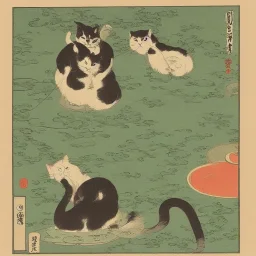 a cat sitting besides duckweed as ukiyo-e