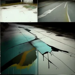 Minimal contemporary oil paintings of Graffiti on the floor of concrete road. In the style of Justin Mortimer and Francis Bacon.