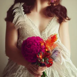 delicate bouquet of lace pearls and feathers, chiaroscuro, vivid colors, festive colors, dramatic lighting, beautiful composition, aesthetic layout