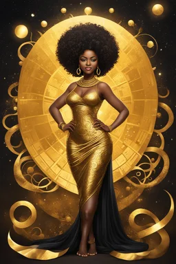 Create a expressionism art image of an astrological sign of Leo shinning. A curvy african female looking at the symbol with a smile on her face. Prominent makeup with hazel eyes. High detailed curly tight black afro. She is wearing a gold maxi dress with no shoes