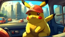 High quality medium shot of Pikachu sitting in a minivan, city, baseball cap, pokemon, cute