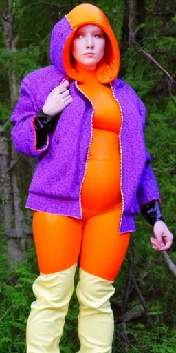 Bright-color-haired woman.fit,slim but thick thighs,thick calves,flat belly,bent fell, thin. Mantle is sewed of upcycled Denim and sewed together of camouflage pieces. Pieces' color are orange, cream and purple. Cream latex gaiters.It is with big bright purple felt tippet and cream-colored-hood. mantle has a hood. Big AKG-style headphones (gold rings!) is merged with small felt cap with small visor. Style: Haute Couture in 1920's, N.Y.C fashion in 1996, inspired by street art.