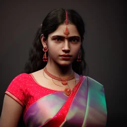 full frame photo of a girl in saree in dark room with neon light ,hyperrealistic,detailed,8k,cinematic