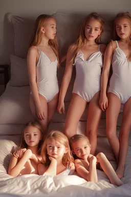 three young girls with grandpa playing in swimsuit. in a bed. realistic. detailed. close. in a bedroom