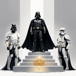 Create a captivating illustration that showcases Darth Vader, adorned in his iconic black cape, standing triumphantly on the highest olympic podium as the undisputed champion wearing a gold medal. Flanking him on two lower podiums are two white-clad Stormtroopers, looking sullen. Set this scene against a white background.