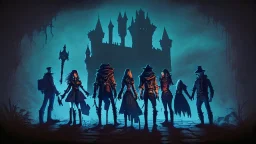 Adventurer party of four people, standing before a dark castle