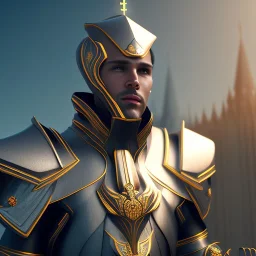 A handsome npc standing in front of a church, futuristic design, a paradise in background, close-up face, geometric armor, female face, 3d unreal engine, black face