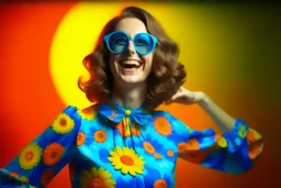 Mujer con vestido años 70 flowepower, sonrisa de fiesta y gafas de sol redondas de color azul, fondo de flores de colores chillones pop, fotografía realista