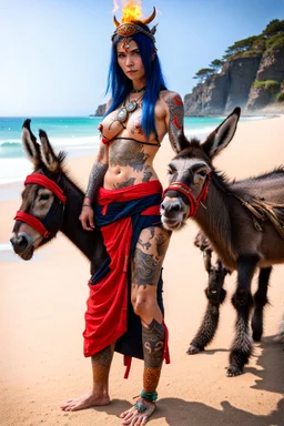 Tatooed fire ninja priestess beach with pet donkey