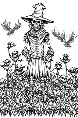 A scarecrow standing in a cornfield, with crows circling overhead. Outline, sketch style, only use outline, mandala style, clean line art, white background, no shadows, no clear wall, coloring page.