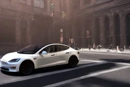 A Tesla 'Model Y' is drifting at high speeds, near the 'Central Synagogue' in New York City. (CINEMATIC, WIDE ANGLE LENS, PHOTO REAL)