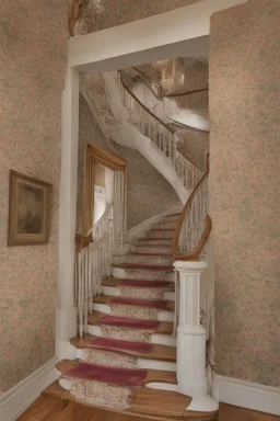 Victorian Mansion staircase with flowered wallpaper