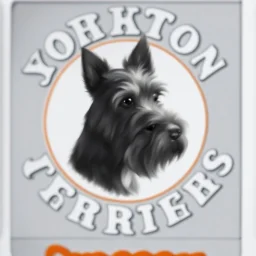 an orange circle containing a black and white image of a Scottish terrier