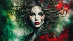 old worn torn, multi-layered cracked canvas, fine detailing with alcohol ink, Captivating realistic painting of a WOMAN, fair face, red lips, splashes of color, HORNS, FANGS, BLOODY TEARS, Multiple exposure, fluffiness, her face is illuminated, her hair merges with swirling fractal vines and tree roots, dark green foliage, symbolizing the unity of strength and wild nature. Flowing hair dissolves into intricate, endless patterns, as if they are protectors and part of the same organic force. Moon